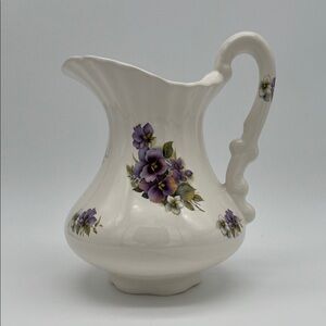 Vintage TH Athena USA Floral Bouquet Large White & Purple Pitcher Scalloped Rim